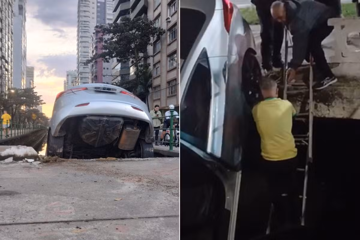 Motorista erra curva e carro despenca em canal no litoral de SP; VÍDEO