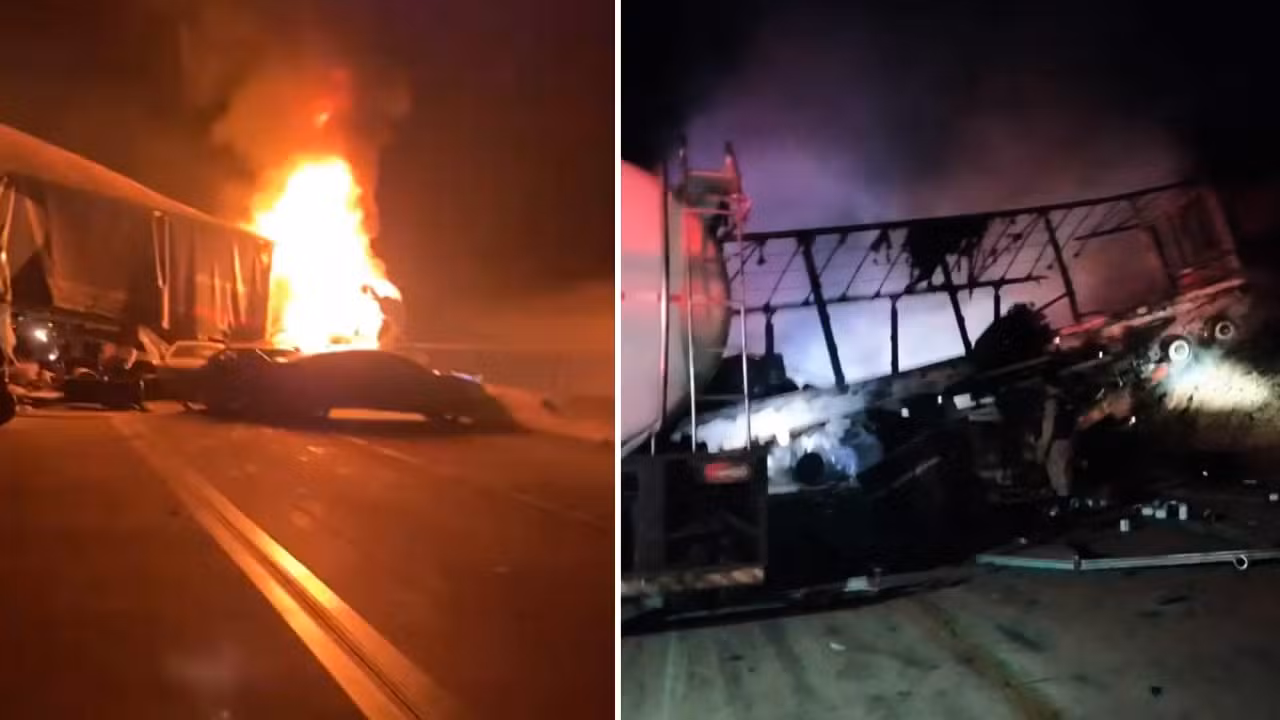 Caminhão-tanque pega fogo após bater em nove veículos e interdita a BR