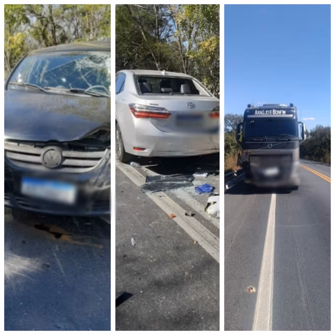 Engavetamento envolvendo dois carros e um caminhão deixa família ferida na BR
